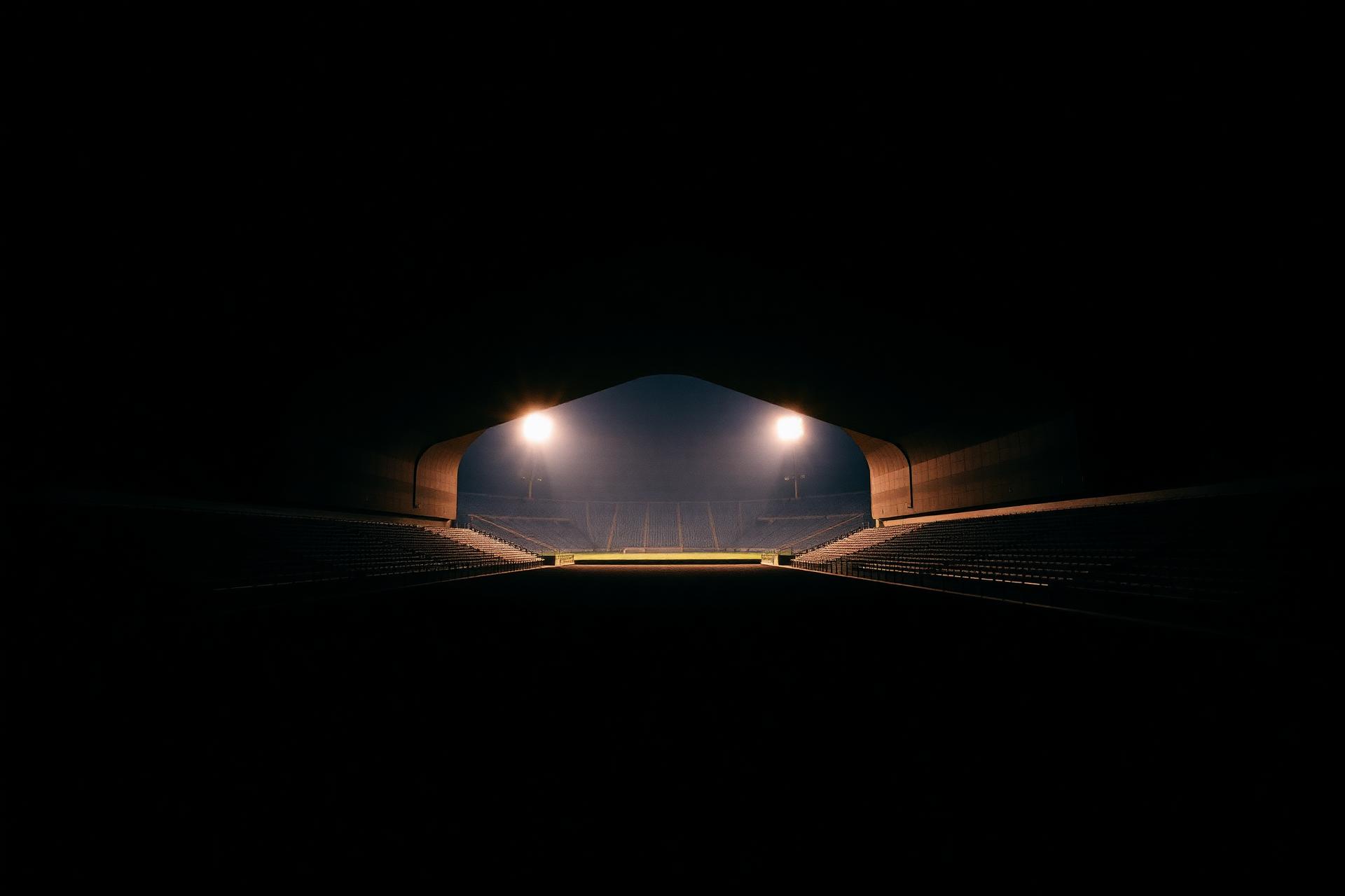 A dim stadium tunnel opening to floodlit field